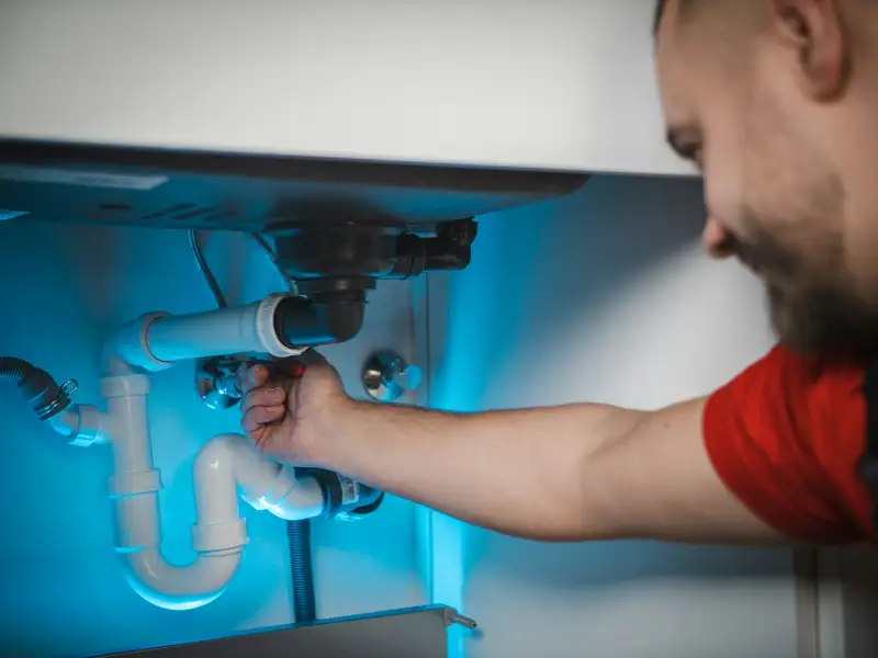Plumber fixing the pipes under a kitchen sink